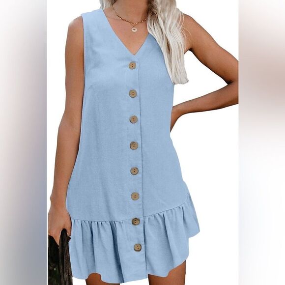 Button Down V Neck Sleeveless Swing Mini Dress Small - Picture 4 of 5